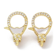 Rack Plating Brass Micro Pave Clear Cubic Zirconia Lobster Claw Clasps, with Natural Shell, Cadmium Free & Lead Free, Long-Lasting Plated, Real 18K Gold Plated, Owl, 20.5x14x6.5mm, Hole: 3x1.5mm(KK-F858-07B-G)