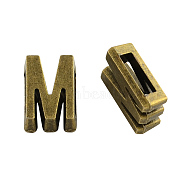 Tibetan Style Alloy Letter Slide Charms, Cadmium Free & Nickel Free & Lead Free, Letter.M, 11x2~8x4mm, Hole: 7x2mm, about 1135pcs/1000g(TIBEB-Q055-13AB-NR)