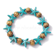 Beach Starfish Dyed Synthetic Turquoise Stretch Bracelets, Summer Wood Beaded Kid Bracelets for Girls, Turquoise, Inner Diameter: 1-3/4 inch(4.32~4.55cm), Bead: 7x8~8.5mm, Starfish: 14x14mm(BJEW-JB10293-02)