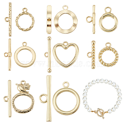 Elite 16 sets 8 style Alloy Toggle Clasps, Cadmium Free & Nickel Free & Lead Free, Mixed Shape, Real 16K Gold Plated, ring: 16~25.5x14~21x1~2.5mm, Hole: 1.2~2mm, Bar: 20.5~35x5.5~9x2~3mm, Hole: 1.2~4mm, 2 sets/style(FIND-PH0008-32)
