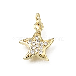 Brass Micro Pave Clear Cubic Zirconia Charms, with Jump Ring, Starfish Charms, Rack Plating, Long-Lasting Plated, Cadmium Free & Lead Free, Real 18K Gold Plated, 13x11x2.5mm, Hole: 3mm(CU-L001-11G-02)