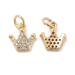 Rack Plating Brass Micro Pave Clear Cubic Zirconia Pendants, Long-Lasting Plated, Cadmium Free & Lead Free, with Jump Ring, Crown Charm, Real 14K Gold Plated, 10x9x2.5mm, Hole: 3.5mm(KK-E081-14G)