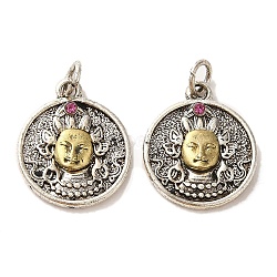 Brass Pendants, with Rhinestone and Jump Ring, Flat Round with Buddha Charms, Antique Silver & Antique Golden, 17.5x15x3mm, Hole: 3mm(KK-K357-07AS)