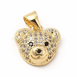 Rack Plating Brass Micro Pave Cubic Zirconia Charms, Cadmium Free & Lead Free, Real 18K Gold Plated, Long-Lasting Plated, Bear Head Charm, Clear, 11.5x12x5mm, Hole: 3.5x4.5mm(X-KK-G456-23G-02)