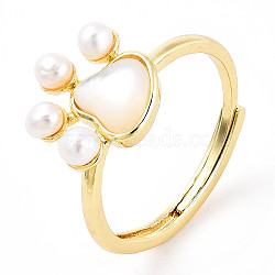 Natural Pearl Dog Paw Prints Adjustable Ring, Brass Jewelry for Women, Real 14K Gold Plated, US Size 8 3/4(18.7mm)(RJEW-T026-08G)