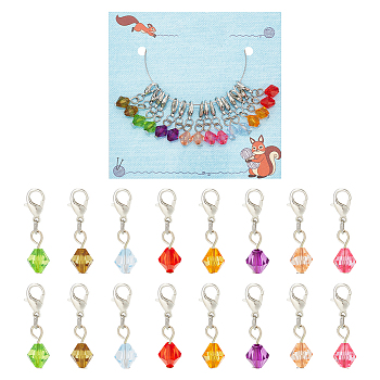 Bicone Pendant Stitch Markers, Transparent Acrylic Crochet Lobster Clasp Charms, Locking Stitch Marker with Wine Glass Charm Ring, Mixed Color, 2.7cm, 8 colors, 2pcs/color, 16pcs/set
