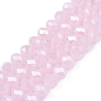 Electroplate Glass Beads Strands, Imitation Jade Beads, Pearl Luster Plated, Faceted, Rondelle, Pink, 8x5mm, Hole: 0.5mm, about 64~65pcs/strand, 15.75~16.14 inch(40~41cm)