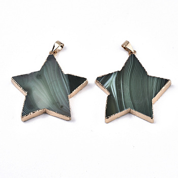 Natural Banded Agate/Striped Agate Pendants, with Light Gold Pleated Edge and Iron Bail, Star, Dyed, Medium Sea Green, 45~50x43~45x5~8mm, Hole: 4x7.5mm