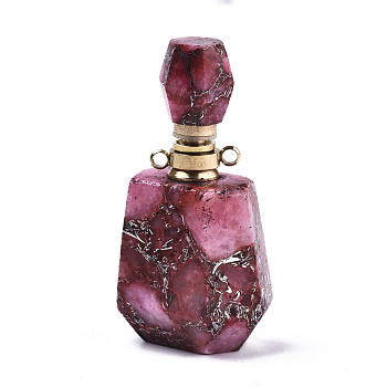 Assembled Synthetic Pyrite and Imperial Jasper Openable Perfume Bottle Pendants, with Brass Findings, Dyed, Medium Violet Red, capacity: 1ml(0.03 fl. oz), 42x22.5x15mm, Hole: 1.8mm, Capacity: 1ml(0.03 fl. oz)