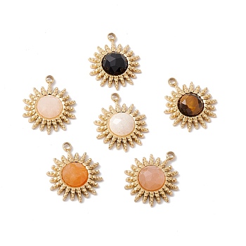 Natural Mixed Stone Pendants, with Ion Plating(IP) Real 24K Gold Plated 304 Stainless Steel Findings, Faceted, Sun Charm, 17x14x1mm, Hole: 1.4mm