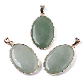 Natural Green Aventurine Pendants, with Light Gold Plated Brass Edge and Snap on Bail, Oval, 35~36x21.5x6.5mm, Hole: 6x5mm