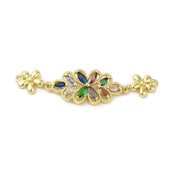 Rack Plating Brass Pave Colorful Cubic Zirconia Flower Connector Charms, Long-Lasting Plated, Cadmium Free & Lead Free, Real 18K Gold Plated, 50x12x3.5mm, Hole: 1.4mm