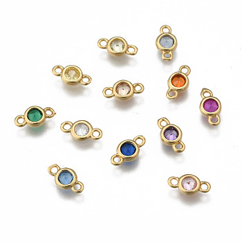 Brass Mixed Color Rhinestone Links Connectors, Birthstone Links, Flat Round, Cadmium Free & Lead Free, Golden, 8x4x2mm, Hole: 1mm, 12pcs/set