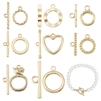 Elite 16 sets 8 style Alloy Toggle Clasps, Cadmium Free & Nickel Free & Lead Free, Mixed Shape, Real 16K Gold Plated, ring: 16~25.5x14~21x1~2.5mm, Hole: 1.2~2mm, Bar: 20.5~35x5.5~9x2~3mm, Hole: 1.2~4mm, 2 sets/style