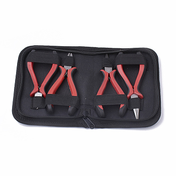 45# Carbon Steel Jewelry Plier Sets, including Wire Cutter Plier, Round Nose Plier, Side Cutting Plier and Mini Wire Cutter Plier, Red, 16x11.5x3.5cm, 4pcs/set