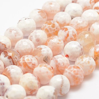Faceted Natural Fire Crackle Agate Beads Strands, Round, Dyed & Heated, Orange, 12mm, Hole: 1.5mm,about 30~32pcs/strand, 14 inch(35.6cm)