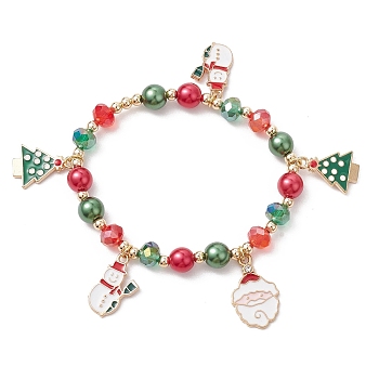 Alloy Enamel Santa Claus Christmas Tree Charm Bracelets, Electroplated Glass Beaded Stretch Bracelets for Women Men, Light Gold, Inner Diameter: 2-1/4 inch(5.65cm)