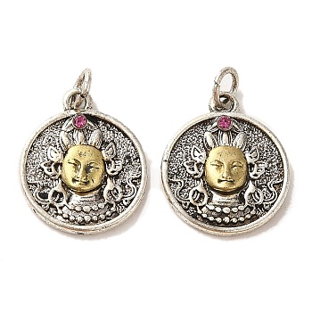 Brass Pendants, with Rhinestone and Jump Ring, Flat Round with Buddha Charms, Antique Silver & Antique Golden, 17.5x15x3mm, Hole: 3mm