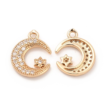 Brass Micro Pave Cubic Zirconia Charms, Star & Moon Charm, Light Gold, Clear, 15x12x2.5mm, Hole: 1.4mm