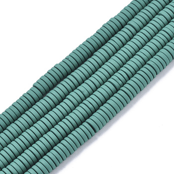 Spray Painted Non-magnetic Synthetic Hematite Beads Strands, Heishi Beads, Flat Round/Disc, Teal, 4x1mm, Hole: 0.8mm, about 335~340pcs/strand, 15.75 inch(40cm)