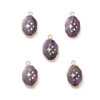 Natural Amethyst Pendants, Oval Charms with Golden Brass Edge, 22x13x3~5.5mm, Hole: 1.8mm