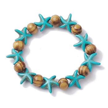 Beach Starfish Dyed Synthetic Turquoise Stretch Bracelets, Summer Wood Beaded Kid Bracelets for Girls, Turquoise, Inner Diameter: 1-3/4 inch(4.32~4.55cm), Bead: 7x8~8.5mm, Starfish: 14x14mm