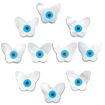 10Pcs Natural White Shell Mother of Pearl Shell Beads, Pearlized, Butterfly with Evil Eye, 10x12x2mm, Hole: 0.5mm