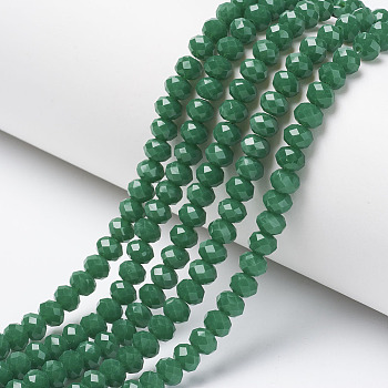 Opaque Solid Color Glass Beads Strands, Faceted, Rondelle, Green, 8x6mm, Hole: 1mm, about 72pcs/strand, 16.14 inch(41cm)