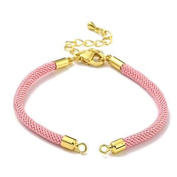 Nylon Cords Bracelet Makings Fit for Connector Charms, with Brass Findings and 304 Stainless Steel Lobster Claw Clasps, Long-Lasting Plated, Pink, 6-1/2~6-3/4 inch(16.5~17cm), Hole: 1.8mm