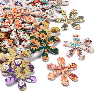 Printing PU Leather Pendants, with Double-Sided Flower Pattern, Flower, Mixed Color, 45.5x40x2mm, Hole: 1mm