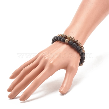 2Pcs 2 Style Natural Lava Rock & Tibetan Agate Round Beaded Stretch Bracelets Set(BJEW-JB08312)-3