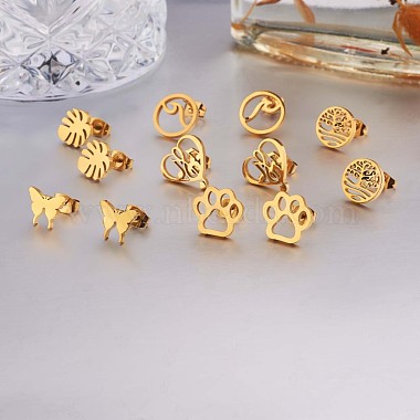 6 Pairs 6 Style Butterfly & Leaf & Tree of Life & Cat Claw Print & Music Note & Wave 316 Surgical Stainless Steel Stud Earrings for Women(JE932A)-2