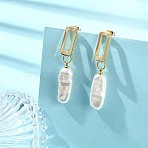 Brass Dangle Stud Earrings with Natural Keshi Pearl, Rectangle, Golden, 41x8~8.5mm(EJEW-JE06985)