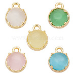 5Pcs 5 Colors Flat Round Brass Charms, with Cat Eye, Real 18K Gold Plated, Mixed Color, 9x7x3.5mm, Hole: 1.2mm, 1pc/color(KK-TADJ0001-12)
