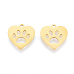 201 Stainless Steel Charms, Laser Cut Pendants, Heart with Dog Paw Prints , Real 18K Gold Plated, 15x15x1mm, Hole: 1.5mm(STAS-N090-LA993-2)