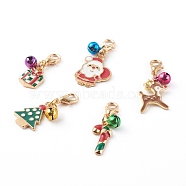 Christmas Theme Light Gold Alloy Enamel Pendants, with Lobster Claw Clasps and Bell Charms, Christmas Gift & Candy Cane & Santa Claus & Deer & Tree, Mixed Color, 27~36mm(HJEW-JM00469)