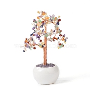 Natural Gemstone Chips with Brass Wrapped Wire Money Tree on Ceramic Vase Display Decorations, for Home Office Decor Good Luck, 120x50.5x190mm(DJEW-B007-02F)
