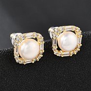 Brass Micro Pave Clear Cubic Zirconia Stud Earrings, with Natural Pearl, Square, Real 14K Gold Plated, 11.5x11.5mm(EJEW-P302-01G)