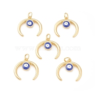 Eco-Friendly Brass Enamel Pendants, with Jump Ring, Lead Free & Cadmium Free, Double Horn/Crescent Moon with Evil Eye Charm, Real 18K Gold Plated, 17.5x18.5x1.5mm, Hole: 3.5mm(KK-I698-31G)