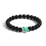 Men's Yoga Jewelry, Frosted Natural Black Obsidian Round Beads Stretch Bracelets, Starfish, Aquamarine(BK0782-6)