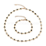 Alloy Enamel Star Link Chain Bracelets & Necklaces Jewelry Sets, with Iron Curb Chains and Zinc Alloy Lobster Claw Clasps, Black, Golden, 15-7/8 inch(40.3cm), 7-1/2 inch(19cm)(SJEW-JS01140)