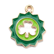 Saint Patrick's Day Alloy Enamel Pendants, Light Gold, Flower with Clover Charm, Green Yellow, 22x19x1.5mm, Hole: 2mm(ENAM-G222-01D-02)