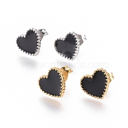 304 Stainless Steel Stud Earrings, with Enamel and Ear Nuts, Heart, Black, Mixed Color, 9.5x10.5x1.5mm, Pin: 0.6mm, 6pairs/card(EJEW-I235-04-A)