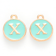 Golden Plated Alloy Enamel Charms, Cadmium Free & Lead Free, Enamelled Sequins, Flat Round with Letter, Turquoise, Letter.X, 14x12x2mm, Hole: 1.5mm(ENAM-S118-05X)