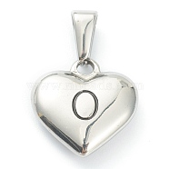 304 Stainless Steel Pendants, Heart with Black Letter, Stainless Steel Color, Letter.O, 16x16x4.5mm, Hole: 7x3mm(STAS-P278-01O-P)