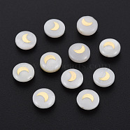 Natural Freshwater Shell Beads, with Golden Plated Brass Metal Embellishments, Flat Round with Moon, Seashell Color, 8x4.5mm, Hole: 0.6mm(SHEL-N003-22-06)