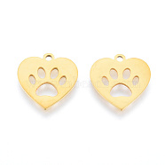 201 Stainless Steel Charms, Laser Cut Pendants, Heart with Dog Paw Prints , Real 18K Gold Plated, 15x15x1mm, Hole: 1.5mm(STAS-N090-LA993-2)