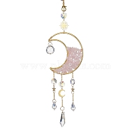 Wire Wrapped Natural Rose Quartz Chip & Brass Moon Pendant Decorations, with Glass Cone Charms, for Home Decorations, 420mm(HJEW-JM01504-01)