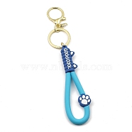 Cat Paw Print PVC Rope Keychains, with Zinc Alloy Finding, for Bag Doll Pendant Decoration, Deep Sky Blue, 17.5cm(KEYC-B015-03LG-01)