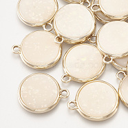 Alloy Pendants, with Acrylic and Sequins, Flat Round, Golden, Antique White, 22x18.5x3mm, Hole: 2mm(X-PALLOY-T050-76B)